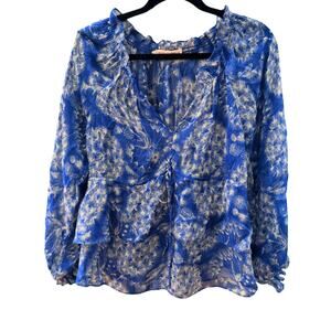 Rebecca Taylor Blue Floral Print Peasant Blouse Long Sleeve Tie Neck Womens M